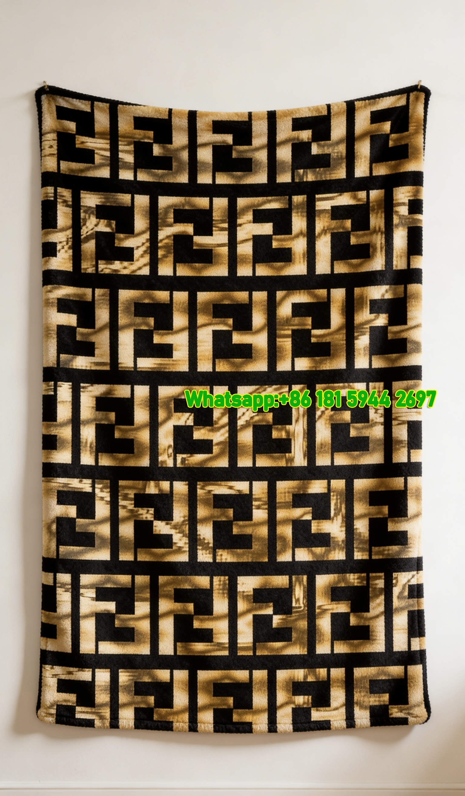 Fendi Gold & Black FF Monogram Flannel Throw Blanket IMG_9500